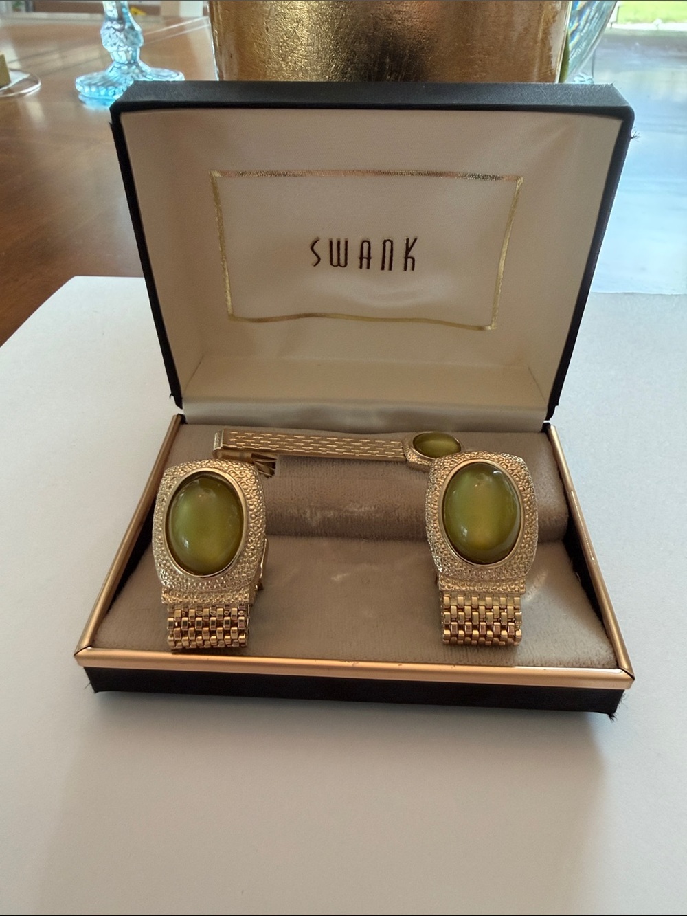 SWANK Vintage Gold-Tone Cuff Links and Tie Clips with Olive Green Cabochons